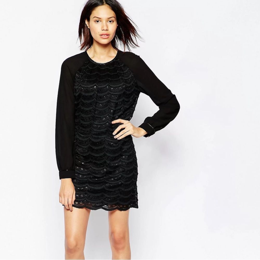 REVOLVE Greylin Black Liza Scalloped Lace Long Sleeve Dress w/ Crop Top, Size XS